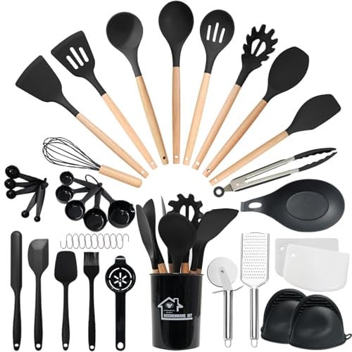Bestdin Silicone Kitchen Utensils Set, 43 PCS Cooking Utensils Set with Wooden Handle, Nonstick Cookware Tongs Spatula Spoon Set, Heat Resistant Silicone Utensil Set, Black Kitchen Accessories