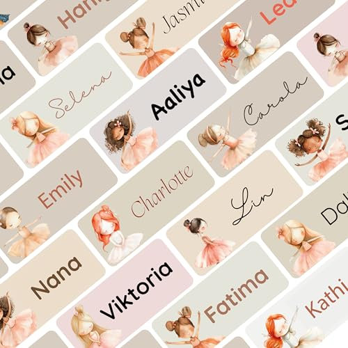 Petite Print® Namensaufkleber für Kinder (75 Stück), Schule, Kindergarten, Kleidung & Gegenstände, Namensetiketten personalisiert mit Namen und waschmaschinenfest (Ballerina)