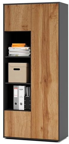 SIMPLYFURN Büroschrank Amira T30, Schrank mit DREI offenen Fächern, Anthrazit & Eiche Wotan, Push-to-Open, 180x80x40 cm, Aktenschrank für Büro und Homeoffice
