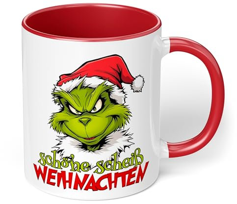 Lustige Kaffeetasse „Schöne scheiß Weihnachten“ – witzige Grinch Figur Geschenkidee für Weihnachten - lustige Tasse - Keramik, ca. 330ml, Rot