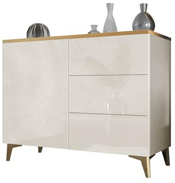 Mirjan24 Kommode Aurora 1D3S mit Tür und 3 Schubladen, Goldene Akzente, Highboard, Anrichte, Sideboard, Mehrzweckschrank, Wohnzimmerschrank (Beige/Beige Hochglanz + Gold)
