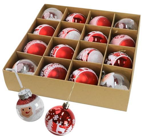 16 Weihnachtskugeln Set, 6 cm Durchmesser, 5 Designs mit Glitter-Effekt,Weihnachtsmann, Rentier, Weihnachtsbaum, Deko für den Weihnachtsbaum, Baumkugel Glas, weiß, Rot,Transparente Christbaumkugel