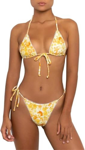 Aretas Bikini da donna a triangolo, costume da bagno in due pezzi, regolabile, sexy, con allacciatura laterale, Modelli stampati gialli, M
