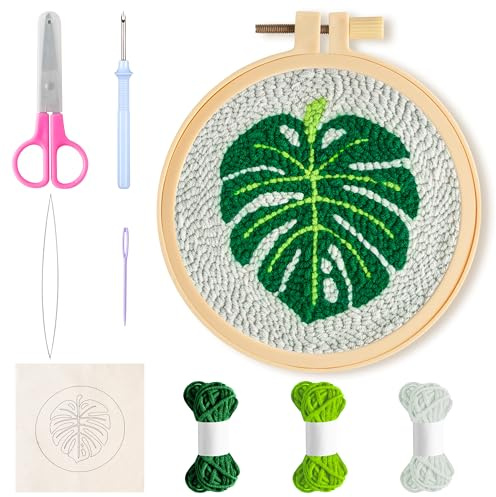 WATINC Punch Needle Set für Anfänger DIY Handwerk Punch Nadel Coaster Kit, einfache Tufted Teppich Dekoration für Anfänger, DIY Coaster Kit mit Klebstoff Filz Stickerei Anleitung (Monstera deliciosa)