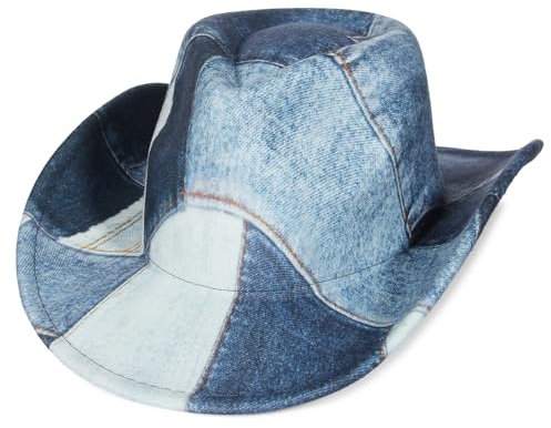 GEMVIE Tie Dye Denim Print Patchwork Cowboyhut für Damen Herren Westernhut mit Breiter Krempe Kostümparty Hut