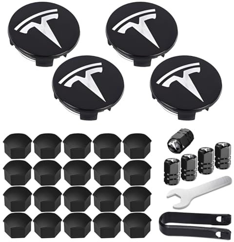 Radkappen Set Kompatibel mit Tesla Model 3 / Model Y, 4 Nabenkappen + 20 Radmutterkappen, Radnaben-Mittelabdeckungen Radmutterkappen, Radkappen-Kit mit Tesla-Logo - Schwarz