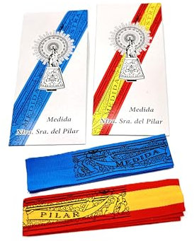 Pack de 2 Medidas de la Virgen del Pilar: Bandera de España y Azul Intenso – Usalas como Adorno y como símbolo de fe. Cinta. Pulsera