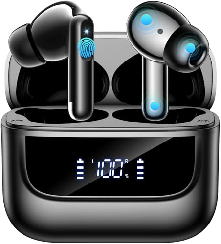 Wireless Earbuds, Bluetooth 5.4 In Ear Headphones HiFi Stereo Deep Bass Ear Buds 6 Mic ENC Noise Cancelling Clear Calls 48H Playtime Earphones LED Power Display IPX7 Waterproof, for Android iOS Black