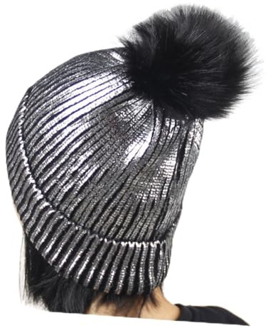 LIGIGWASH Damen Strickmütze mit Metallic und Bommel Beanie Mütze für Herbst und Winter Wärmeisolierend Silberfarbene Pailletten Geeignet für Kalte Tage und Geschenkideen