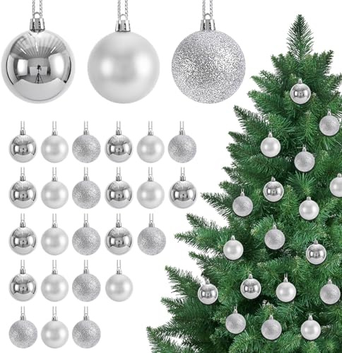 KASESSS 24 Stück 30 mm Weihnachtskugeln Silber, Christbaumkugeln Silber, Weihnachtsbaumschmuck, Weihnachtsbaumkugeln, Christbaum Kugeln, Christmas Balls, Weihnachts Kugeln, Christbaumschmuck