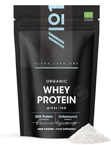 Organic Whey Protein Powder 400g – Grass Fed Unflavoured Organic Protein Powder– Resealable and Recyclable Pouch by Alpha01