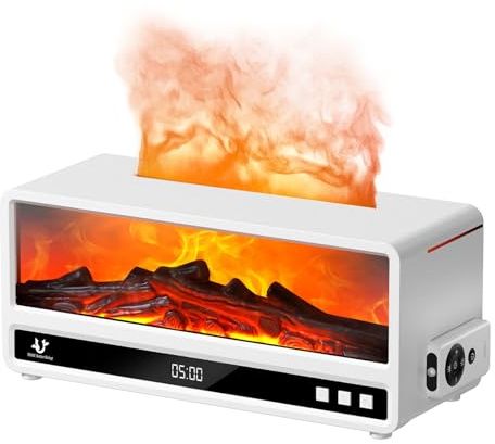Luftbefeuchter, 250ml Flame Kamin Aroma Diffuser, 7 Farben Aromatherapie-Diffuser mit Magnet-Fernbedienung & Timer & Automatischer Abschalt, Ultraschall Luftbefeuchter für Schlafzimmer (Weiß)