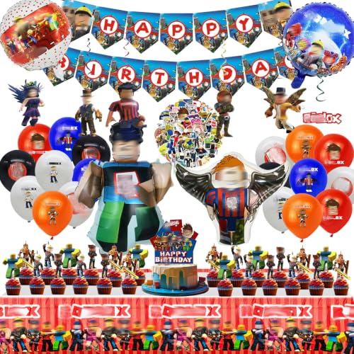 Decoraciones de cumpleaños de Rob-llox, 93PCS Suministros para fiestas con temática de videojuegos, Pancarta, Adorno para tarta de Rob-Lox, Mantel, Globos de Rob-Lox, Pegatinas infantiles