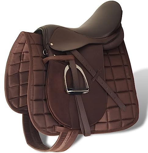 Teenpull Sella per cavallo, 44,5 cm, in vera pelle, marrone, con coprisella, staffe, cinghia da 125 cm, larghezza camera 12 cm, per escursioni, tornei, tempo libero e dressage