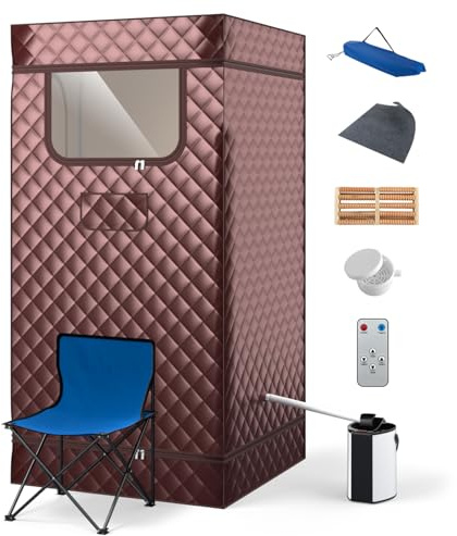 SPOTRAVEL Portable Steam Sauna, Folding Full Body Sauna Tent (Coffee) | Steam Room with 3L Steamer Generator, Remote Control and Folding Chair for Home Spa