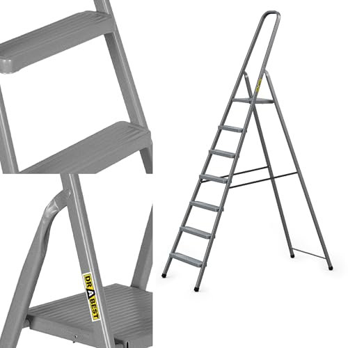 DRABEST - Stehleiter - mit 7 Stufen - bis 125 kg belastbar - 2,19 m lang - Arbeitshöhe 3,46 m - Trittleiter, Bockleiter aus Stahl pulverbeschichtet - für Haushalt, Malerarbeiten - Grau