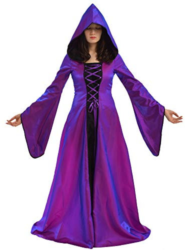 BLESSUME Medievale Donne Allacciare Festa toga bagliore Manica Vestito Cosplay Fantasia cappuccio Lungo Vestito (Viola, M)