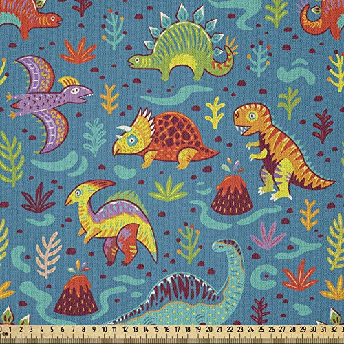 ABAKUHAUS Dinosaurier Stoff als Meterware, Urgeschichte, Microfaser Stoff für Kunsthandwerke und Dekoration, 5M (230x500cm), Teal Grün Rot