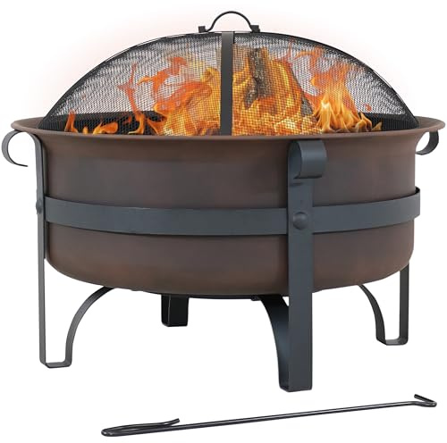 Sunnydaze 29-Inch Cauldron Wood-Burning Outdoor Fire Pit for Patio and Backyard - Round Steel Outside Firepit Bowl with Cover, Removable Ash Pan, Spark Screen, and Poker Tool - Dark Bronze Finish