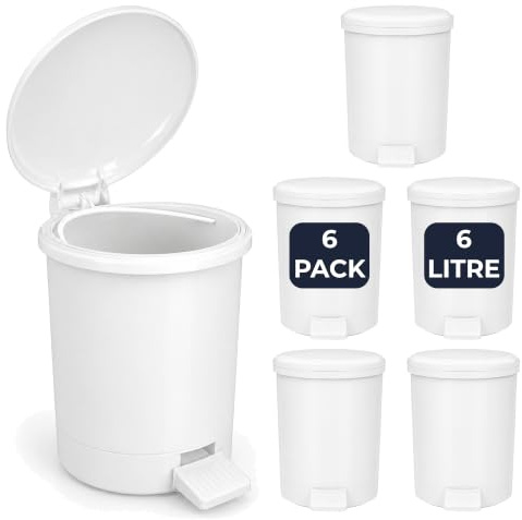 Chabrias 6L Pedal Bin Pack of 6 - White Plastic Bathroom & Kitchen Waste Bins with Removable Inner Buckets, Medium Step-On Rubbish Bin for Office, School, Clinic, Salon & Rental Properties - 6-Pack 6L