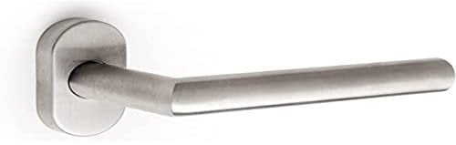 Emuca - Poignée en forme L droit de porte intérieur, lot de 2 poignées de porte avec rosace oval, Acier inoxydable, Nickel satiné.