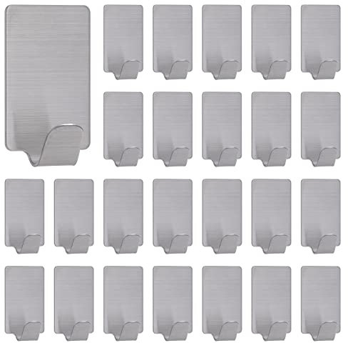 MoonSing Haken Selbstklebend Edelstahl 24 Stück Handtuchhaken Starke Klebehaken, Wandhaken Ohne Bohren, Rostfrei Wasserdicht Handtuchhalter für Bad Toilette Küche Badezimmer, Silber