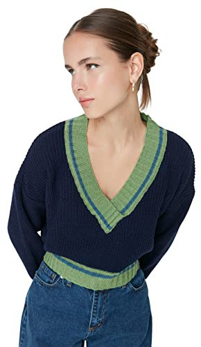 TRENDYOL Damen Navy Blue Crop Knitwear Sweatshirt Sweater, Marineblau, L EU