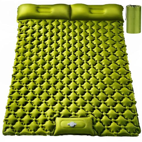 TEKIK Doppel-Isomatte, Ultraleicht, 10,2 cm, extra dick, selbstaufblasend, Isomatte für 2 Personen, mit Kissen, integrierter Fußpumpe, tragbare Campingmatte für Rucksackreisen, Wandern (Armee-Gelb)