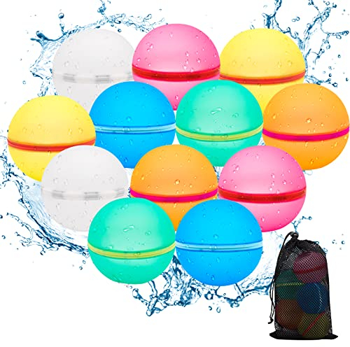 Wasserbomben Wiederverwendbar, Reusable Wasserballons mit Netzbeutel, Selbstdichtende Silikon Wasserbombe, Sommerspaß-Wasserspielzeug Pool Spielzeug für Party, Wasserpark, Familienspiel(12 Stück)