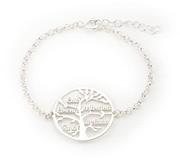 Doble Aro - Pulsera Personalizable del Árbol de la Vida | Lleva los Nombres de la Familia Contigo | de Estilo Sofisticado | en Plata de Ley | Joyería Especial para Mamá o la Abuela