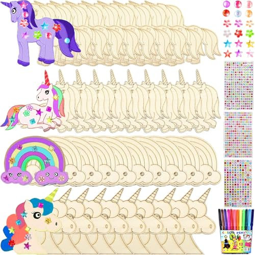 Einhorn Bastelset, 40 Stück Einhorn Bastelset Holz Kit, Einhorn Holz Bastelset Kindergeburtstag Einhorn Handwerk zum Bemalen, Basteln kinder Geburtstagsgeschenk Mädchen 6 Jahre DIY Einhorn Holz Deko