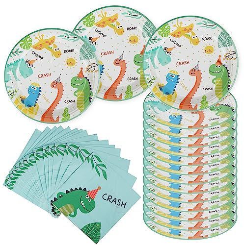 AINIUNIU Kit de Fête D'anniversaire Dinosaure, 32 Pièces de Décoration D'anniversaire Dinosaures – 16 Serviettes en Papier et 16 Assiettes en Carton Motif Jungle pour Enfants, Safari