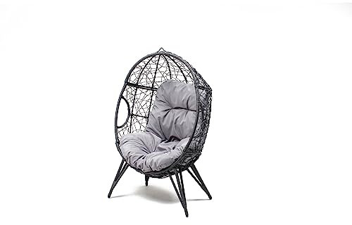 CONCEPT USINE | Fauteuil Oeuf sur Pieds Beige en Résine Gris Aspect Rotin | Design Jane | Structure en Acier | Coussin déperlant | Hamac Balançoire sur Pied terrasse Jardin Balcon | Résiste à l'eau