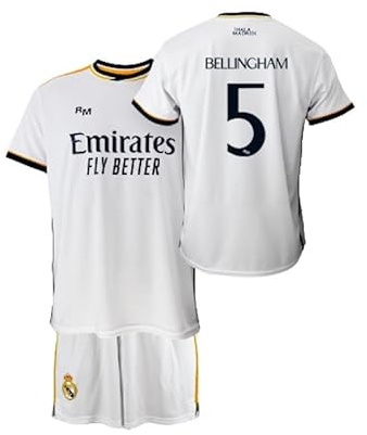 Real Madrid Kinder-Set T-Shirt und Hose, Erstausstattung der Saison 2023-2024 - Bellingham 5 - Offizielle Nachbildung mit offizieller Lizenz - Kind, weiß, 4 Jahre