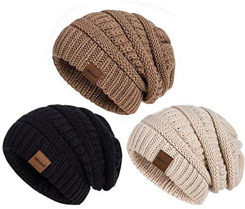 Hatromm Slouchy Mütze Damen Winter 3 Stück, Beanie Mütze Damen Herren Übergroß Warmer Strick, Damen Mütze Winter Dick für Kaltes Wetter(Schwarz+Haferflocken+Helles Khaki)