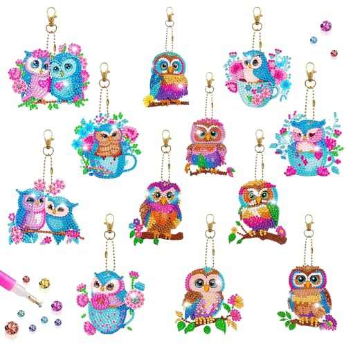 DNWFZ Diamond Painting Anhänger 12 Stück Diy Diamond Painting Schlüsselanhänger Kinder Erwachsene 5D Eule Malerei Stickerei Diamant Painting Anhänger Art Eulen Handtasche Schlüssel Craft Kits