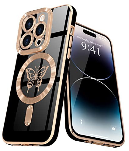 Lafunda Magnetisch Hülle für iPhone 14 pro max Handyhülle Schutzhülle Kamera-Vorsprung Case Schmetterling Vergoldung Glitzer Mädchen Stoßfest Cover für iPhone 14 pro max Schwarz
