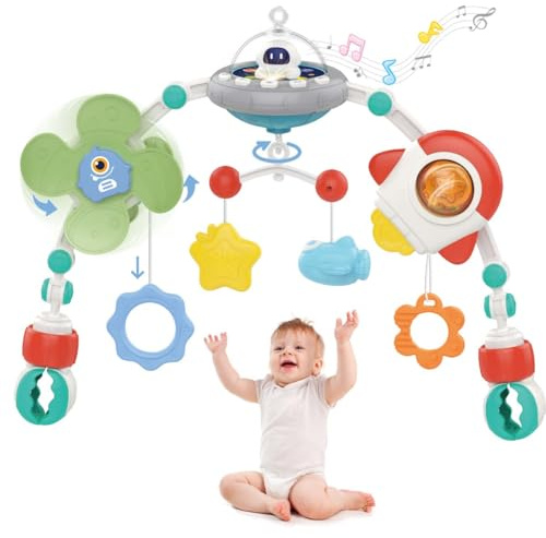 KOESMG Baby Kinderwagen Bogen Spielzeug, justierbare Autositz Spielzeug mit Musical und Projektor, Montessori sensorische rotierende Weltraum Rakete Krippe Bassinet Reise Spielzeug für Kleinkinder