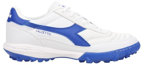 Diadora Calcetto LT Turf - Zapatos de fútbol de cuero de grano completo, amortiguación mejorada, goma antidesgaste, césped sintético, tracción y estabilidad óptimas, Blanco/Azul, 38 EU
