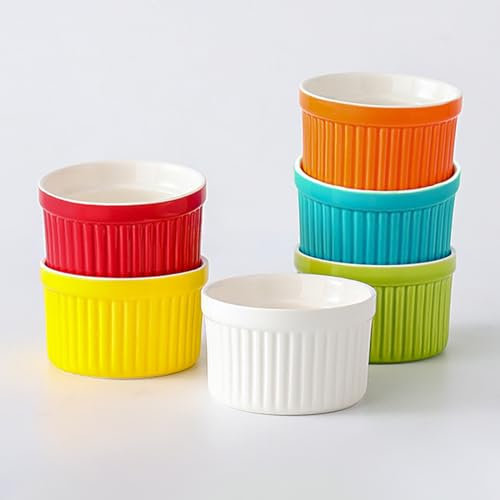 GJIE 250ml/ 8oz Ramekins Set of 6 - Porcelain Souffle Dish for Small Cakes, Creme Brulee,Pudding and Ice Cream,Also Great as Serving Dish for Sauces and Side Dishes (Colourful)