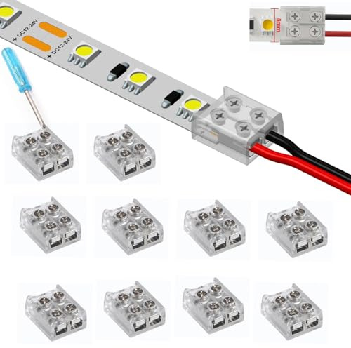 YUTOKEER LED Streifen Verbinder, 2-polig 8mm Lötfrei für 5050 3528 Einfarbige LED Streifen, Schnelle und Einfache Streifen zu Draht Verbindung, Inklusive Schraubendreher, 10er Pack