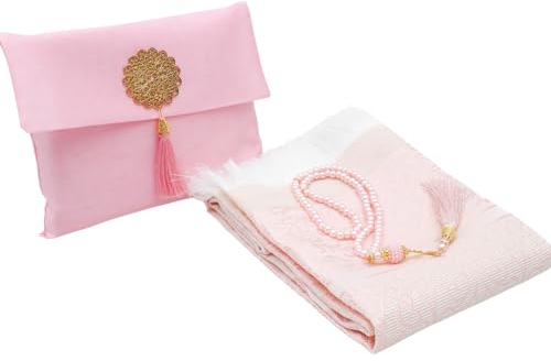 Prien Tapis De Priere Musulman avec Perles De Prière pour Femme Et Homme, Cadeaux Bayram, Ramadan, Islamique, Ensemble De Cadeau Coffret pour Seccade Namaz Islam (Brink Rose)