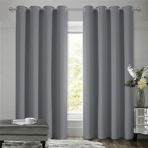VEHEDE Grau Ösenvorhang Gardinen Fenster, Thermovorhang gegen Kälte Übergardinen 2er Set, Vorhänge Schlafzimmer mit Ösen Vorhang Verdunkelung Wohnzimmer, H 244 x B 140 cm