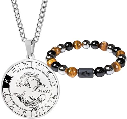 Caimeytie herren Sternzeichen Halskette und Armband Set- Sternbild halskette edelstahl-Münzanhänger-Elastisches Perlenarmband-Geburtstagsgeschenk Schmuck (Fisch (Geburtsdatum:2/19-3/20))