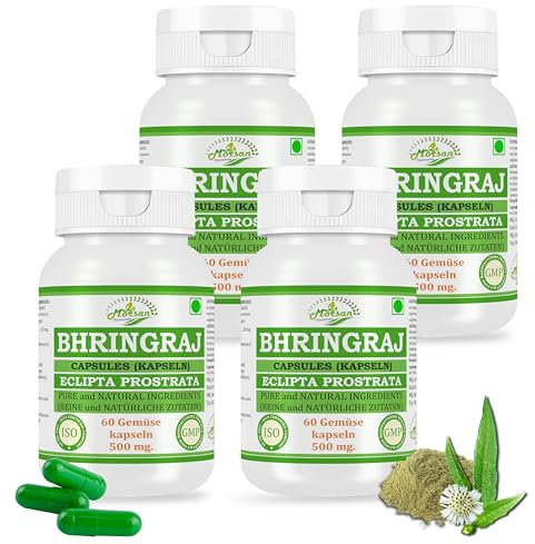 Bhringraj Capsule, 500 mg, 60 pezzi, integratori alimentari per capelli sani, rimedi per erbe ayurvediche, scorta mensile (confezione da 4, capsule)