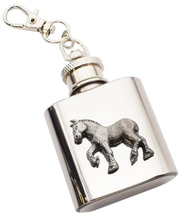 English Pewter Shire Horse Design, Stainless Steel 1oz Hip Flask Keyring, Personalised with an Engraved Message on The Back, Presented in a Box