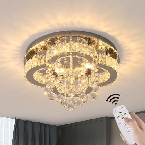 GreeLustr Moderne Kristall Kronleuchter Mit Fernbedienung für Wohnzimmer, Dimmbar Deckenleuchte Kristalle mit Elegantem Design für Schlafzimmer Flur Küche, Silber Deckenlampe Kristall für Decke (40cm)