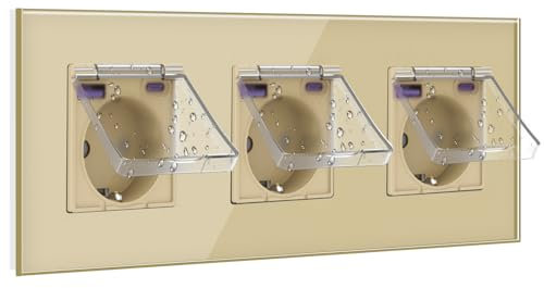 BSEED Enchufe Schuko 20W Cargador Rápido con Tapa Impermeable, Enchufe Empotrada con USB C, Enchufe 16Amp Ideal para Habitaciones Húmedas, Uso en Interiores, 3 Gang Oro