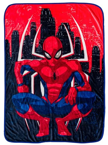 Silver Buffalo Marvel Spiderman Crouched with Night Skyline Siebdruck 114,3 x 152,4 cm 185 g/m² Flanell-Fleece-Überwurf