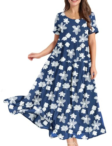 YESNO Women Dresses Casual Plus Size Bohemian Short Sleeve Floral Long Maxi Summer Beach Swing Dress/Pockets 4XL EJFUK CR385